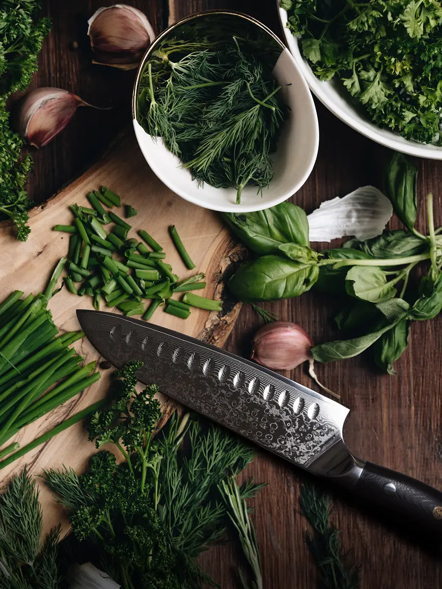 Composite product image of a Santoku knife from a kitchen knife brand placed on a cutting board with chopped scallions